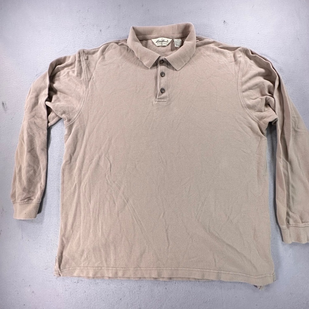 Vintage 1990s Y2K Eddie Bauer Mens Tan beige LS Pique Polo Shirt L Cotton 9322e